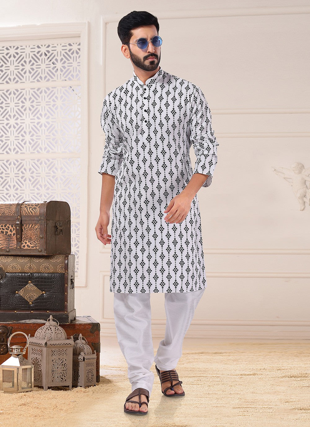 Fancy Work Cotton White Kurta Pyjama - M4716