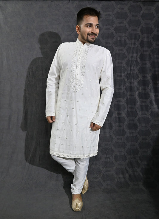 Embroidered Cotton Silk White Kurta Pyjama - M6188