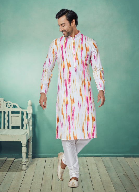 Digital Print Cotton White Kurta Pyjama - M5070