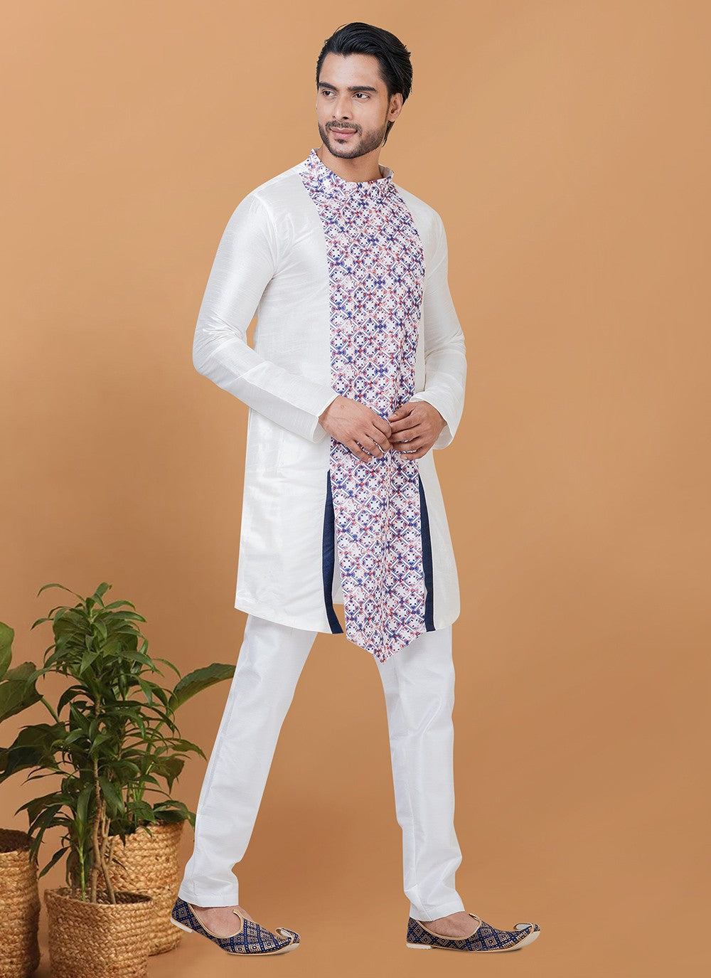 Digital Print Banarasi Silk, Cotton White Kurta Pyjama - M5959