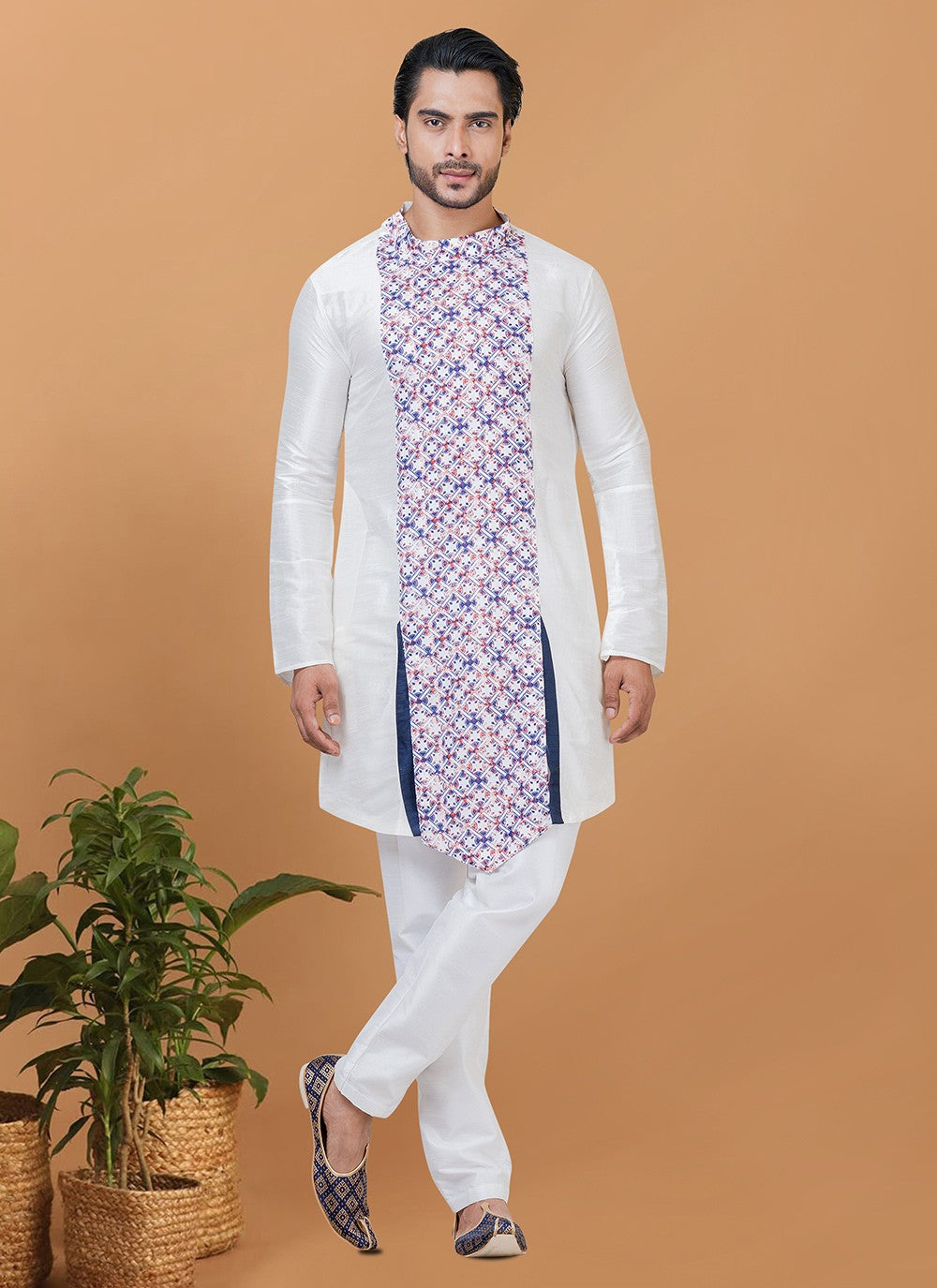 Digital Print Banarasi Silk, Cotton White Kurta Pyjama - M5959