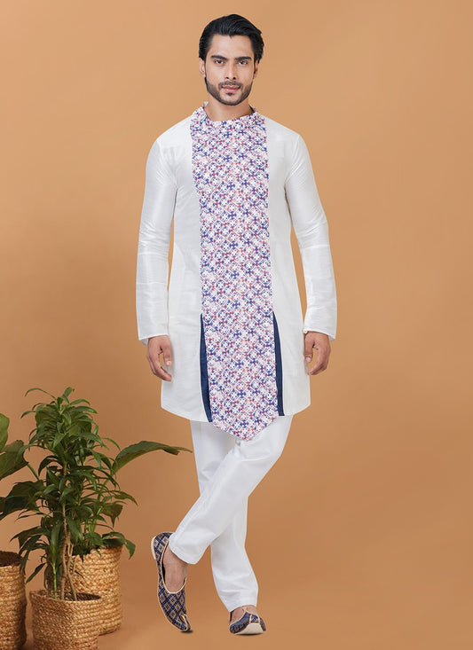 Digital Print Banarasi Silk, Cotton White Kurta Pyjama - M5959