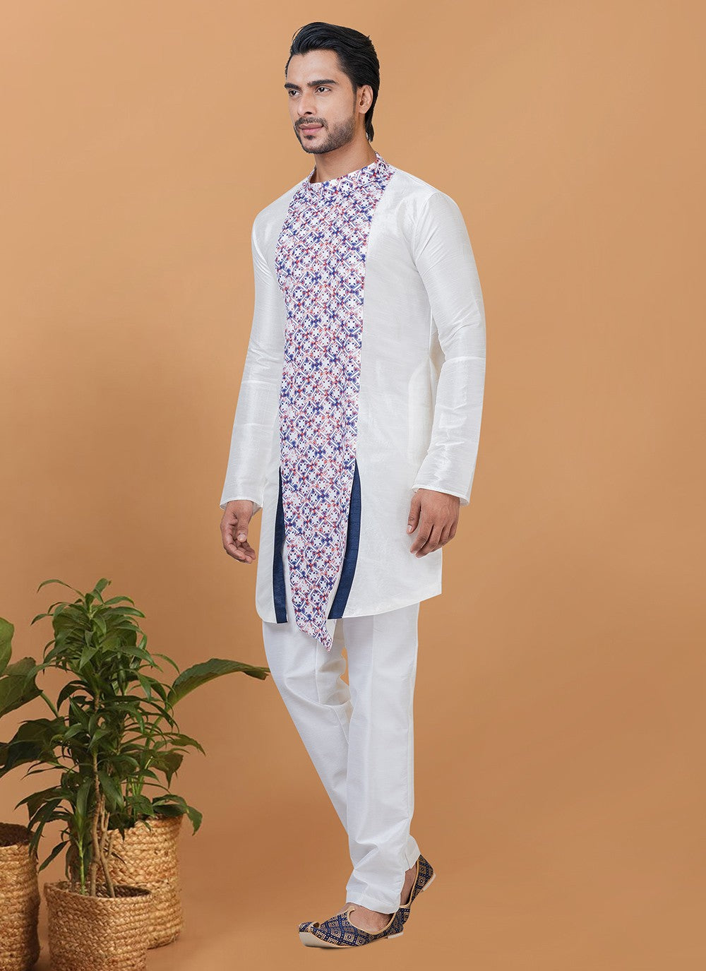 Digital Print Banarasi Silk, Cotton White Kurta Pyjama - M5959