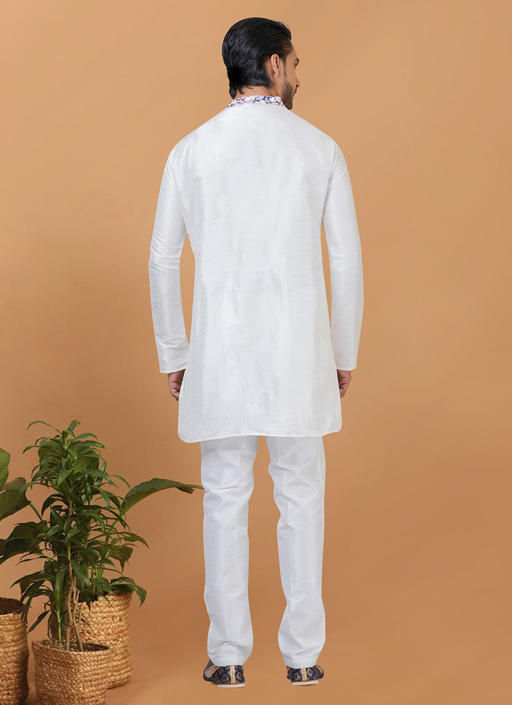 Digital Print Banarasi Silk, Cotton White Kurta Pyjama - M5959