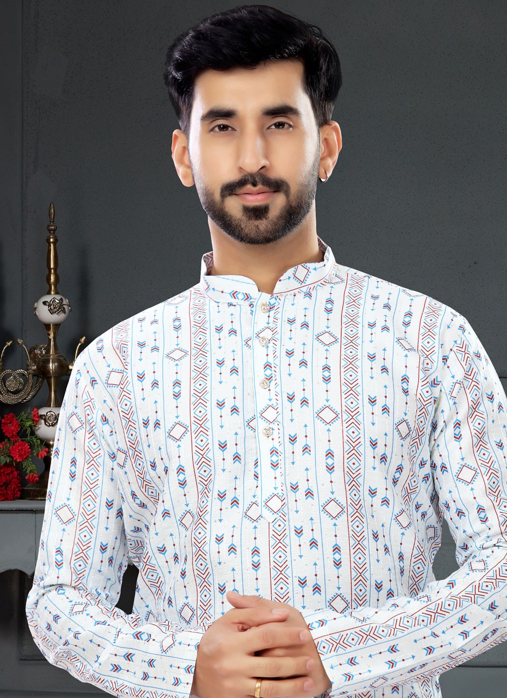 Digital Print Silk White Kurta Pyjama - M4727