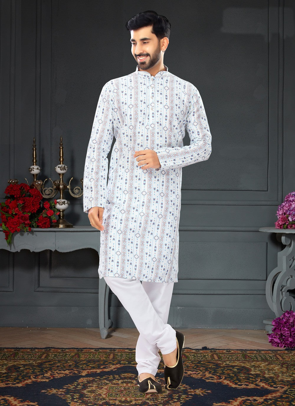 Digital Print Silk White Kurta Pyjama - M4727