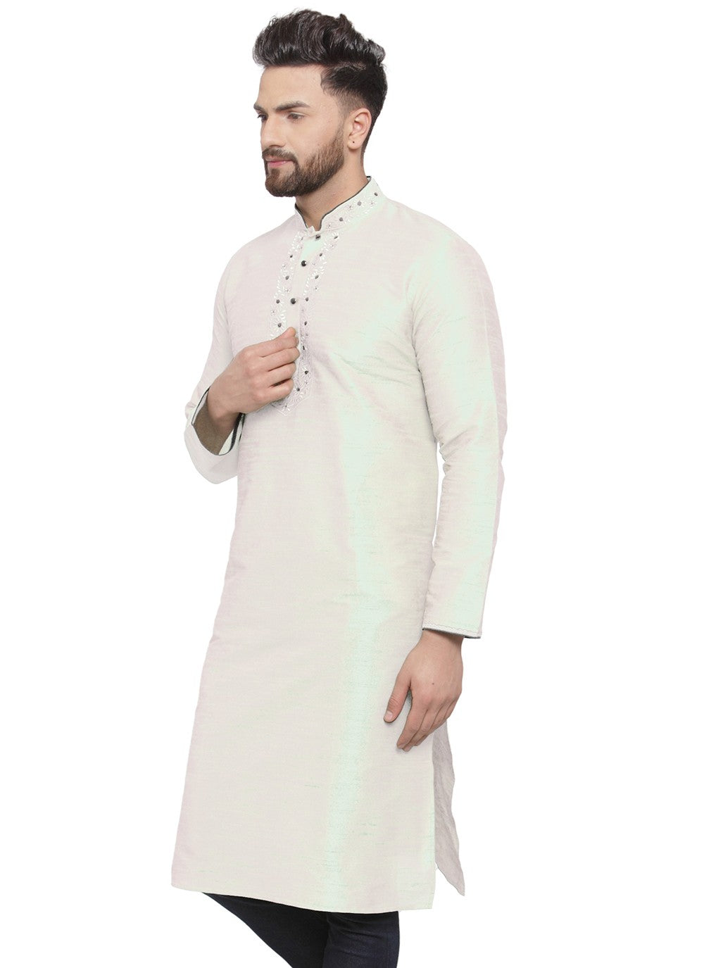 Embroidered Dupion Silk White Kurta - M7320