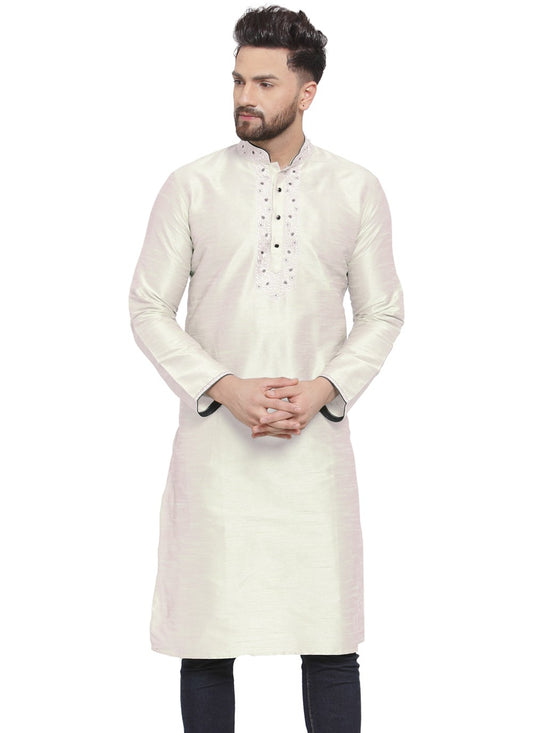 Embroidered Dupion Silk White Kurta - M7320