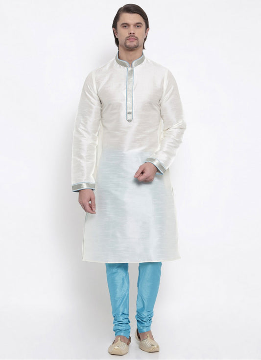 Embroidered Art Dupion Silk White Kurta Pyjama - M1655