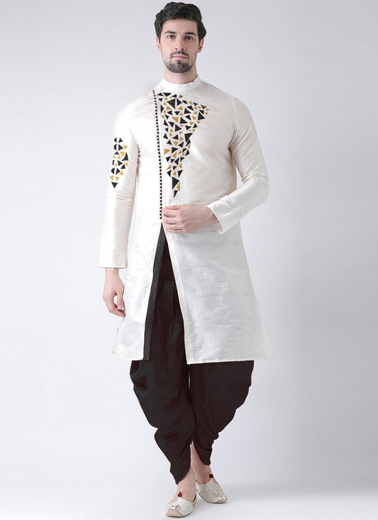 Embroidered Dupion Silk White Dhoti Kurta - M2069