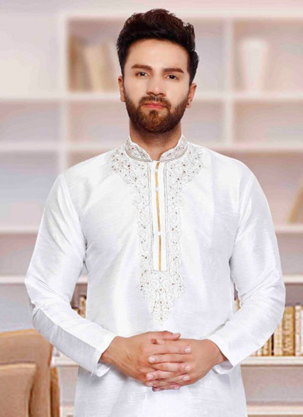 Embroidered Art Dupion Silk White Kurta - M1202