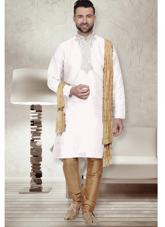 Embroidered Art Raw Silk White Kurta Pyjama - M1494