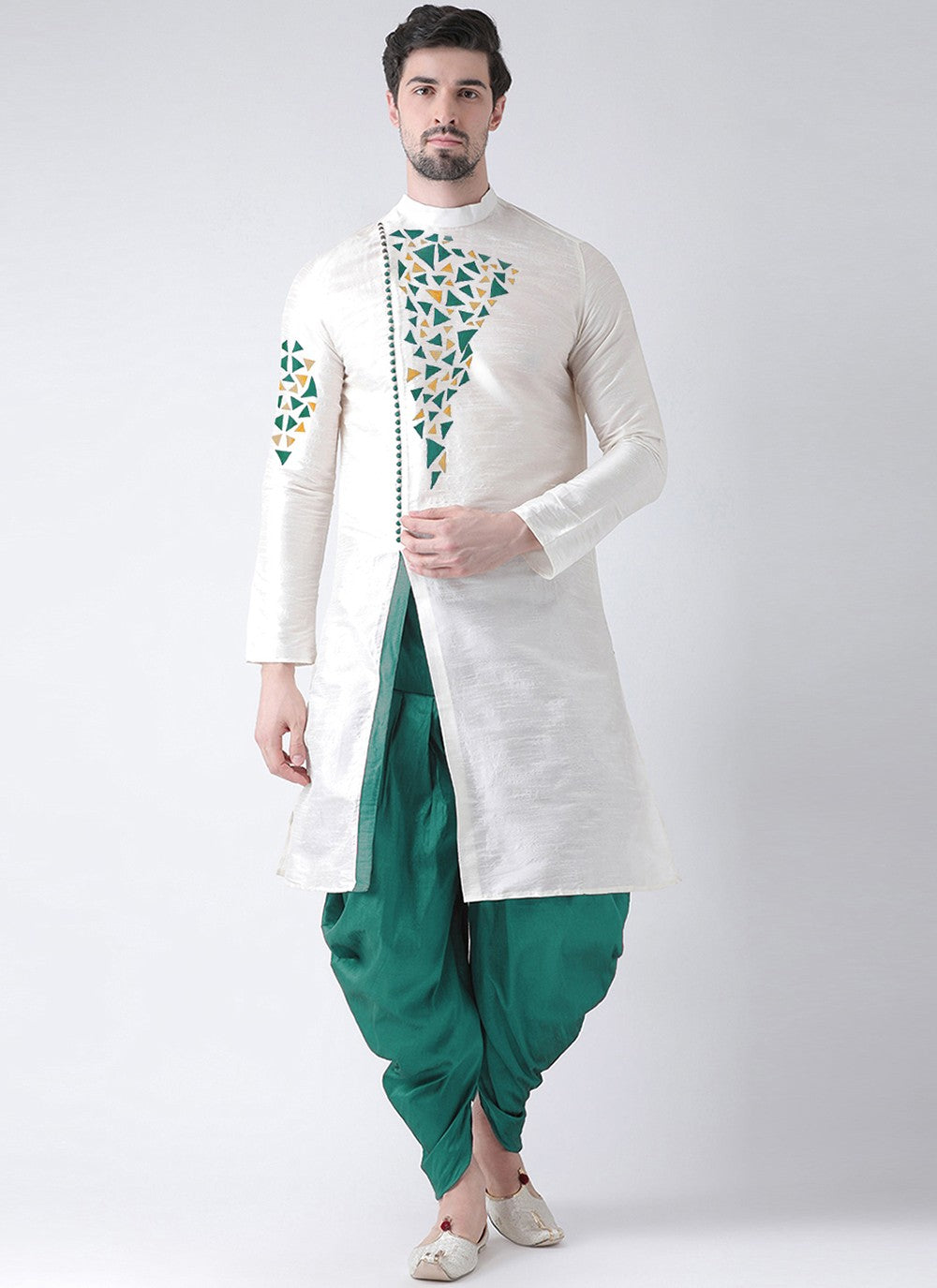 Embroidered Dupion Silk White Dhoti Kurta - M2072