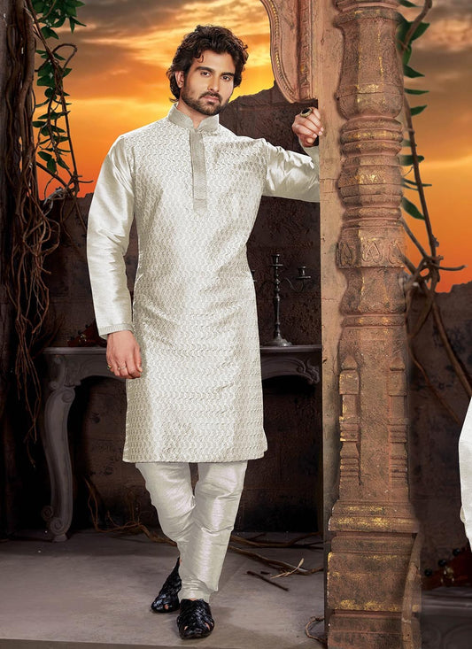 Embroidered Dupion Silk White Kurta Pyjama - M2126