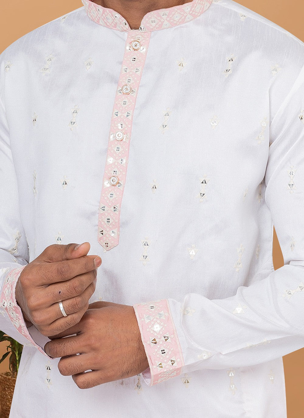 Embroidered Silk White Kurta Pyjama - M6259