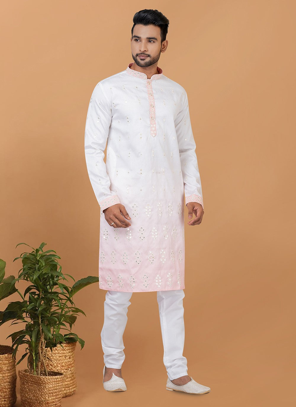 Embroidered Silk White Kurta Pyjama - M6259