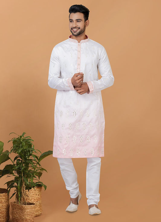 Embroidered Silk White Kurta Pyjama - M6259