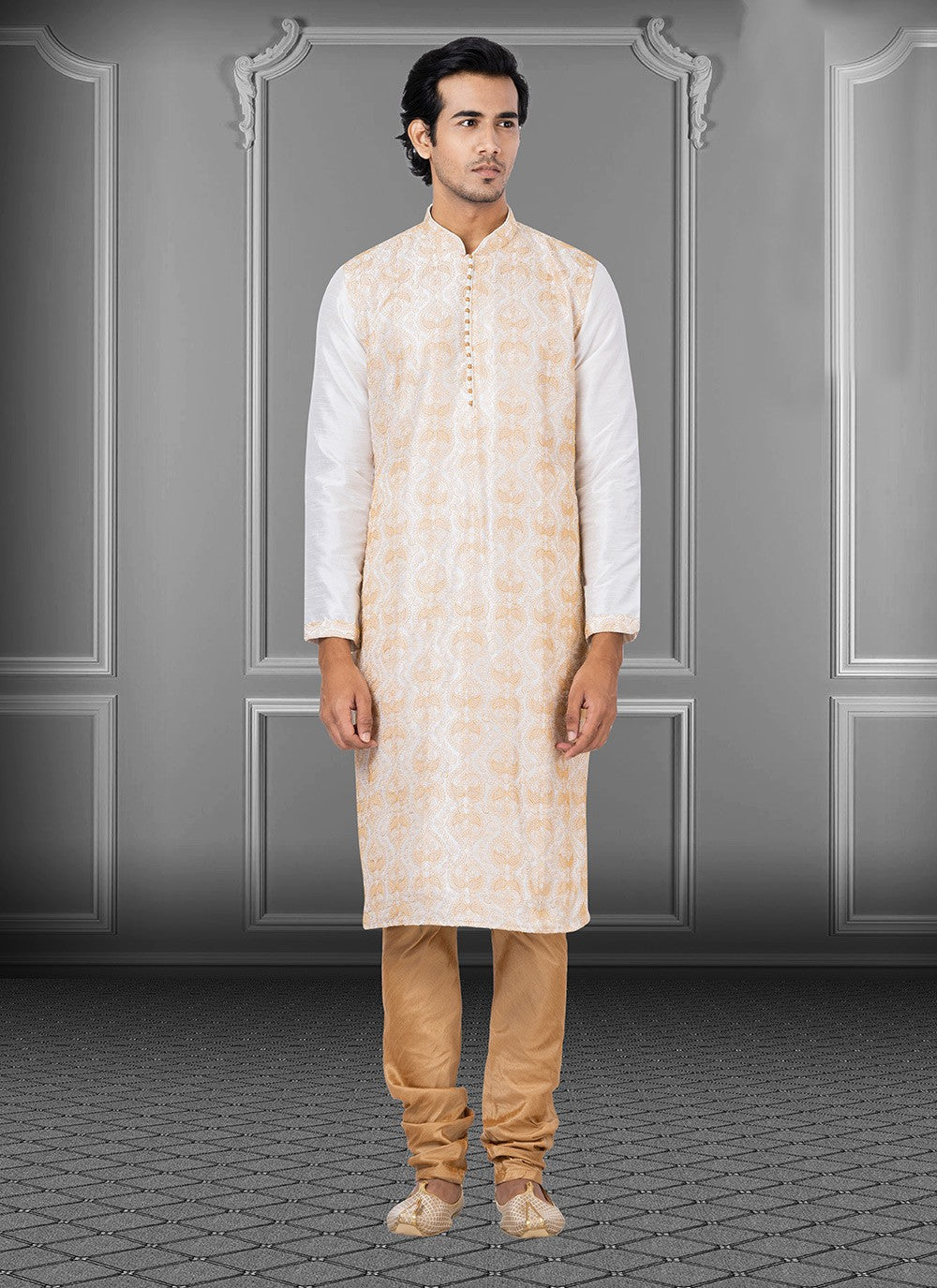 Embroidered Dupion Silk White Kurta Pyjama - M3707