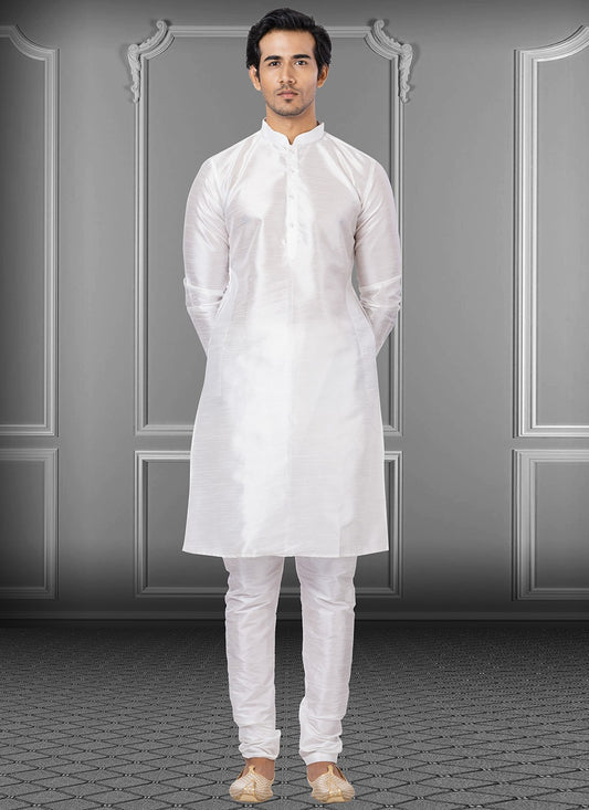 Plain Dupion Silk White Kurta Pyjama - M3679