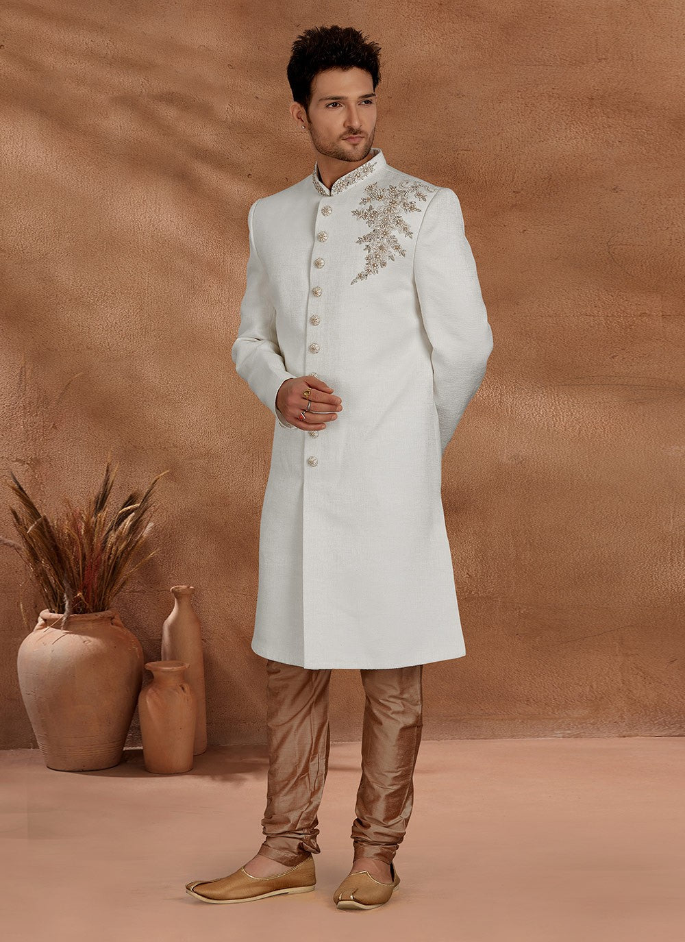 Fancy Work Cotton Silk White Indo Western Sherwani - M2782