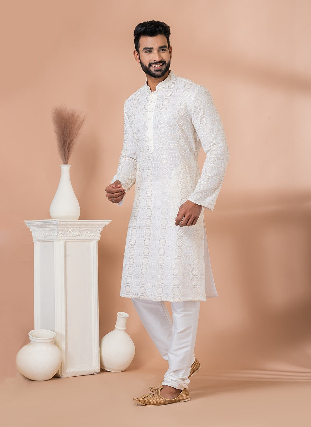 Embroidered Georgette White Kurta Pyjama - M6825