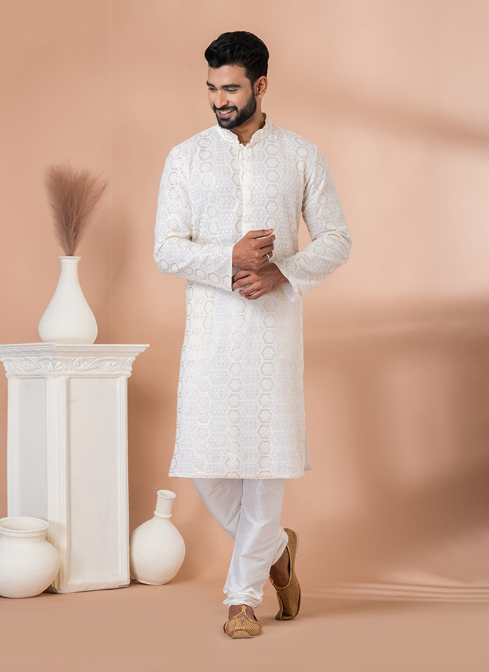 Embroidered Georgette White Kurta Pyjama - M6825