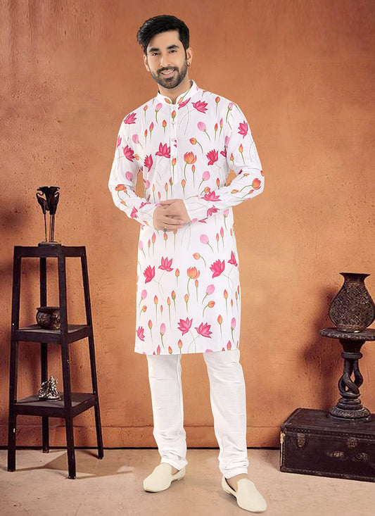 Printed Cotton White Kurta Pyjama - M8106