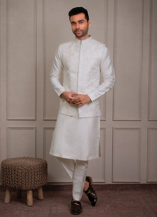 Embroidered Silk White Kurta Payjama With Jacket - M8454