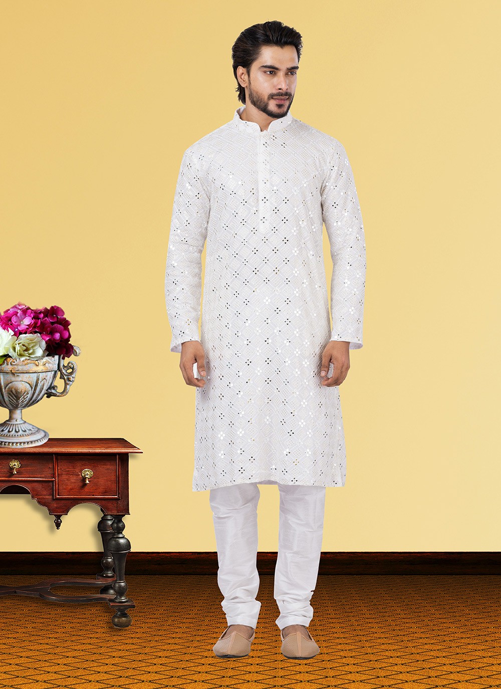 Embroidered Georgette White Kurta Pyjama - M3719