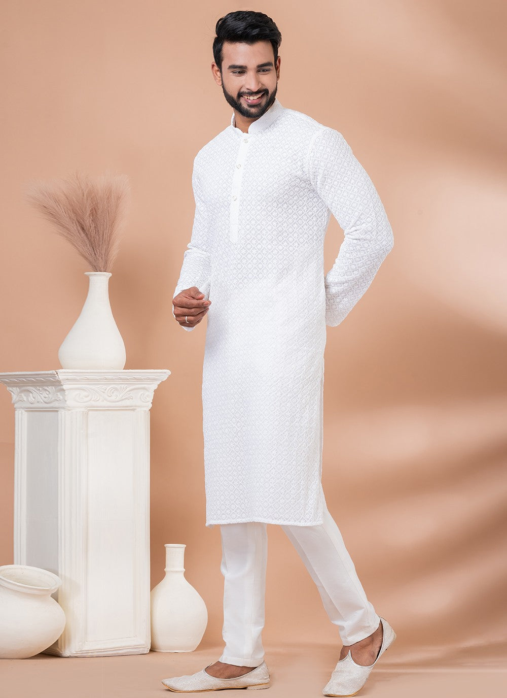 Chikankari Work Georgette White Kurta Pyjama - M6966