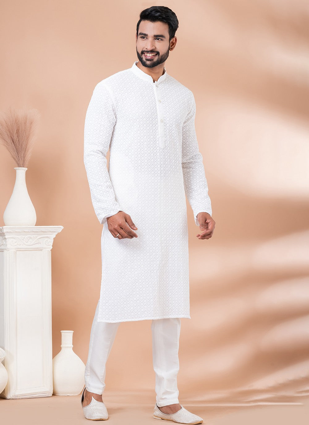 Chikankari Work Georgette White Kurta Pyjama - M6966