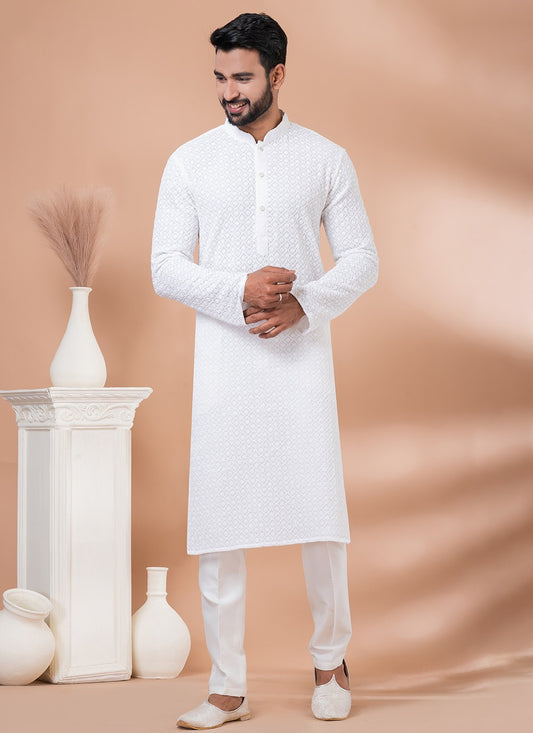 Chikankari Work Georgette White Kurta Pyjama - M6966