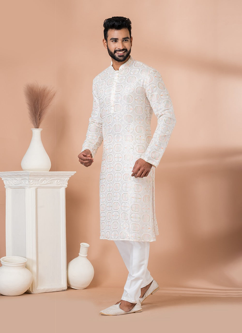 Embroidered Georgette White Kurta Pyjama - M6826