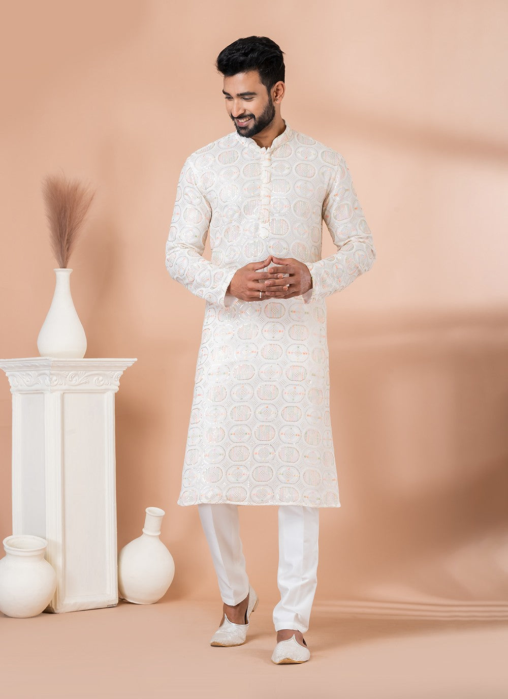 Embroidered Georgette White Kurta Pyjama - M6826