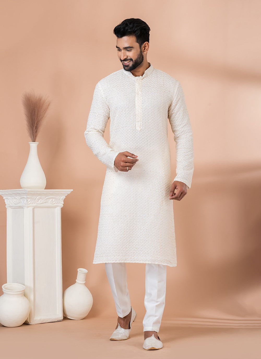 Embroidered Georgette White Kurta Pyjama - M6823