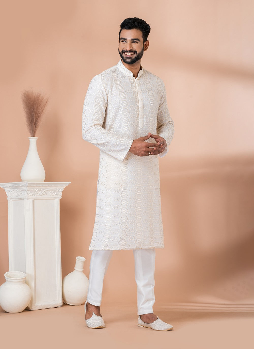 Embroidered Georgette White Kurta Pyjama - M6824