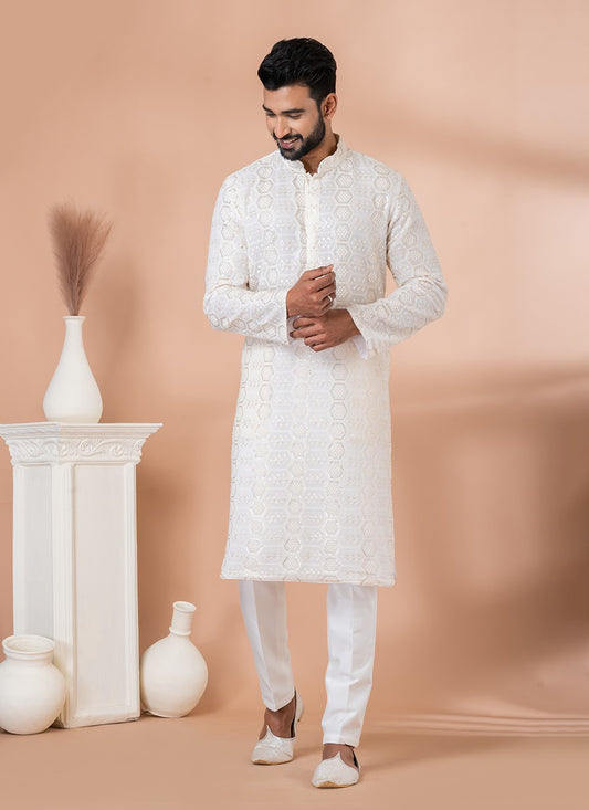 Embroidered Georgette White Kurta Pyjama - M6824