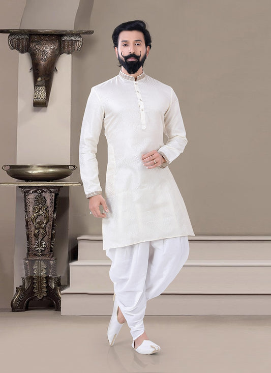 Thread Jacquard White Dhoti Kurta - M3458