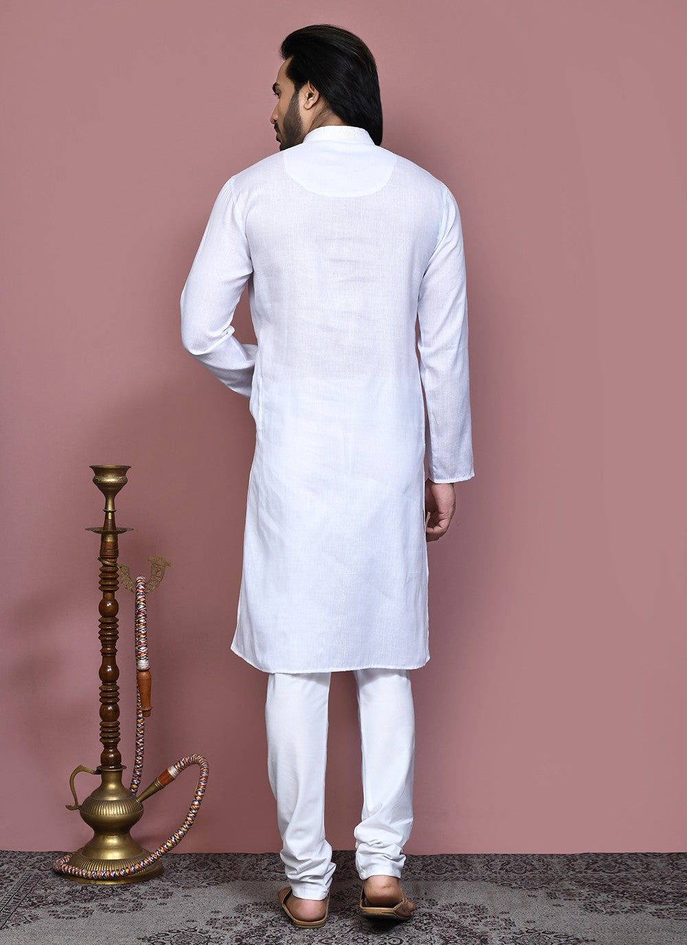 Machine Embroidery Cotton White Kurta Pyjama - M7925