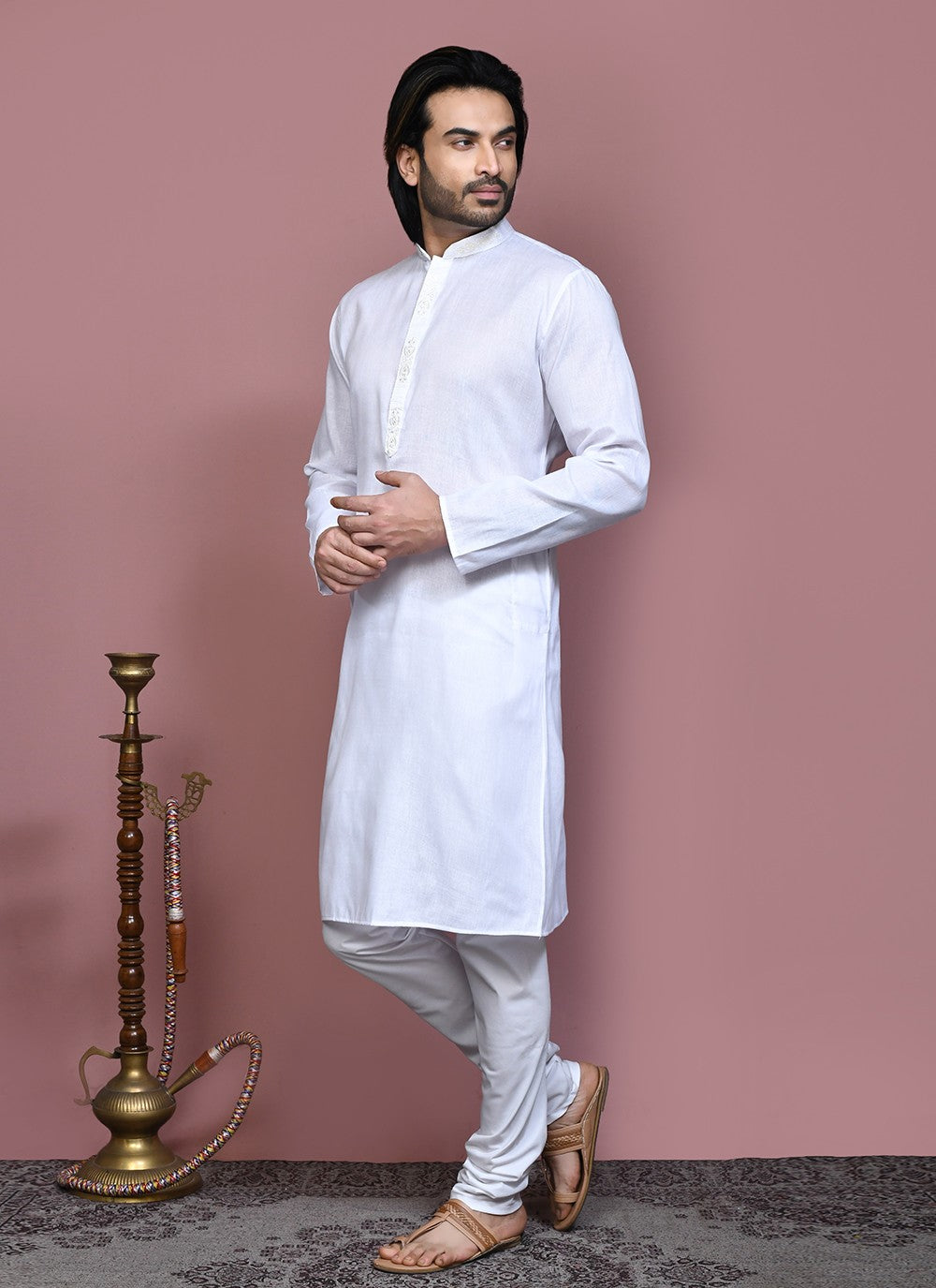 Machine Embroidery Cotton White Kurta Pyjama - M7925