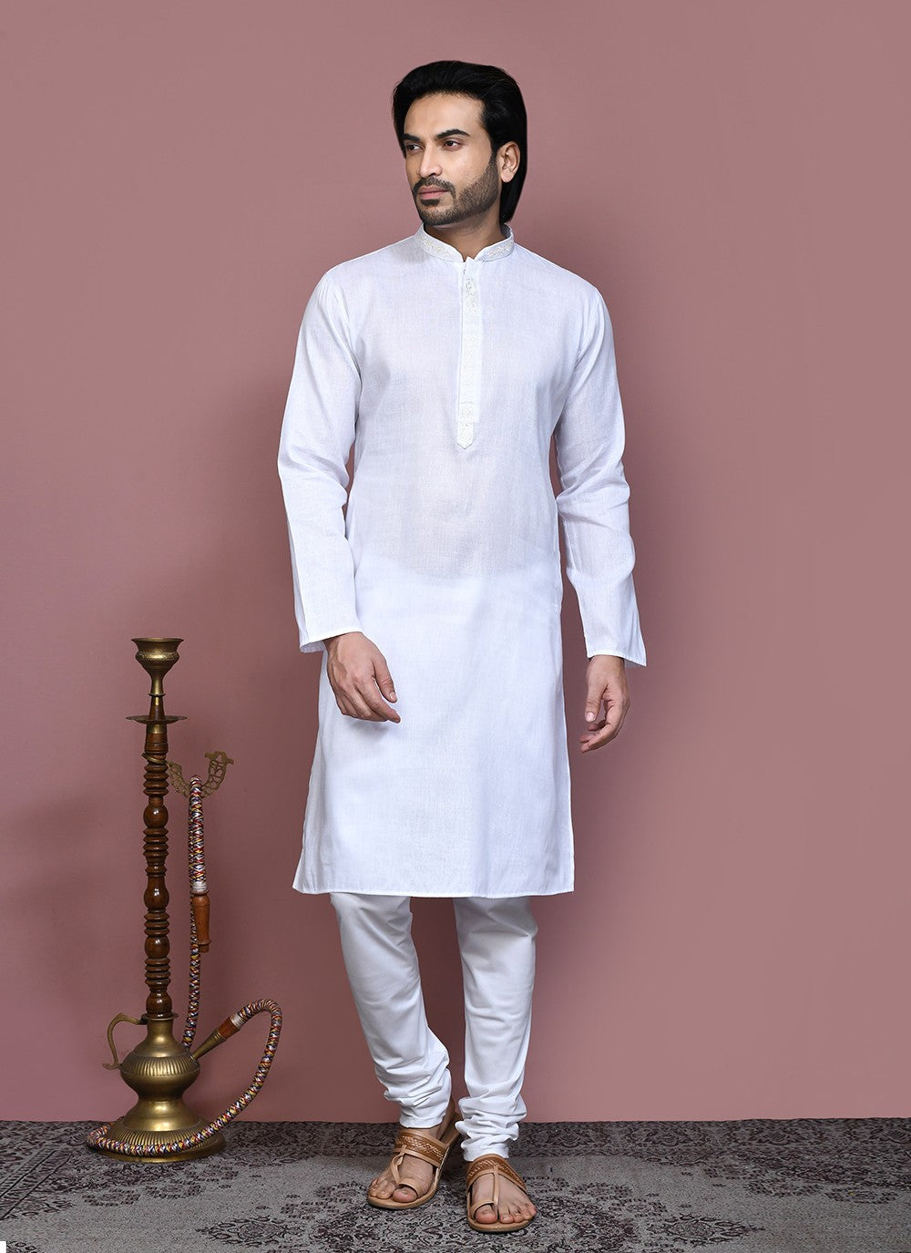 Machine Embroidery Cotton White Kurta Pyjama - M7925