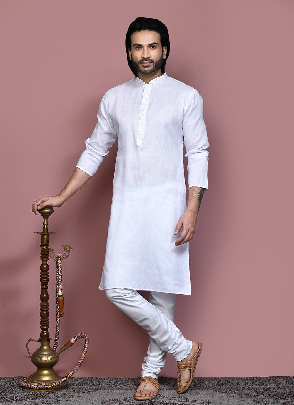 Machine Embroidery Cotton White Kurta Pyjama - M7925