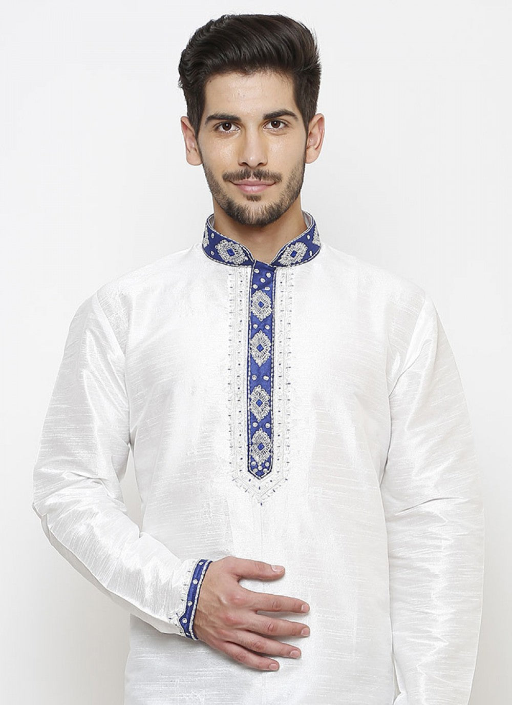 Embroidered Art Dupion Silk White Kurta - M1212