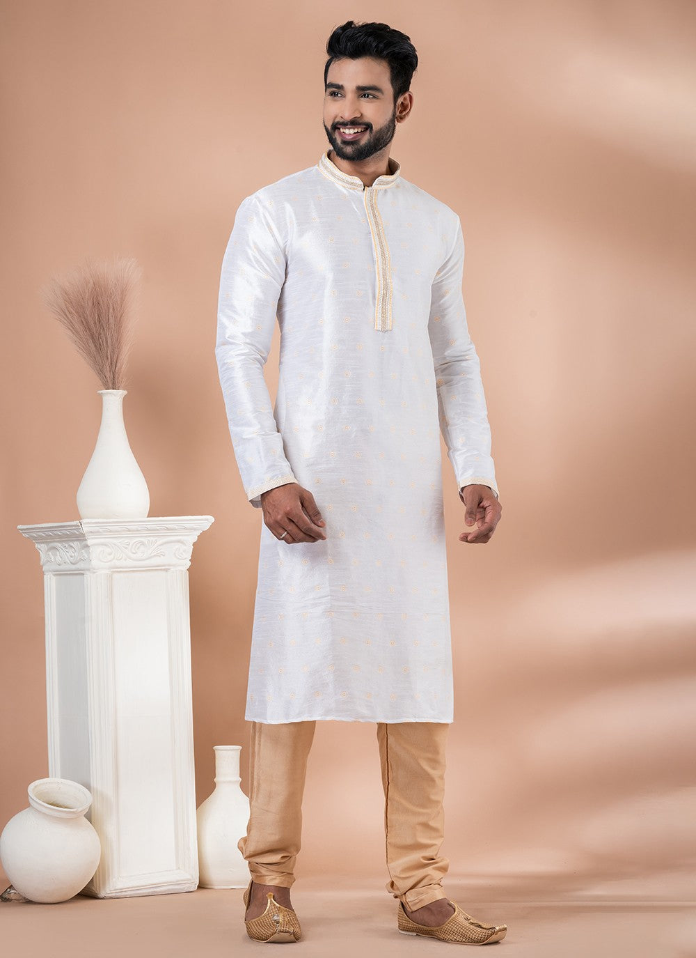 Plain Jacquard White Kurta Pyjama - M6968