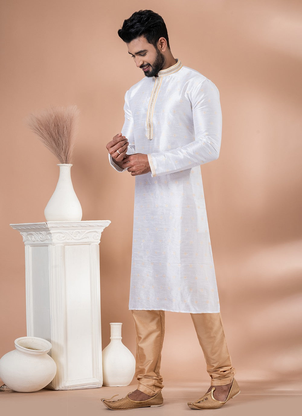 Plain Jacquard White Kurta Pyjama - M6968