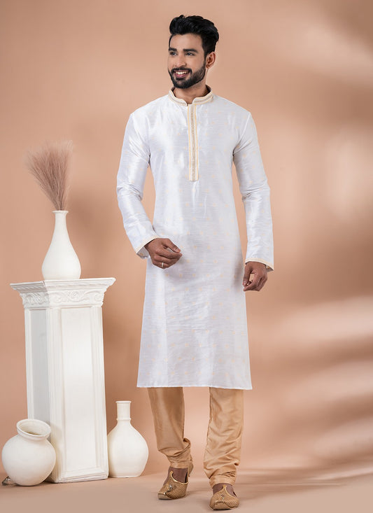 Plain Jacquard White Kurta Pyjama - M6968