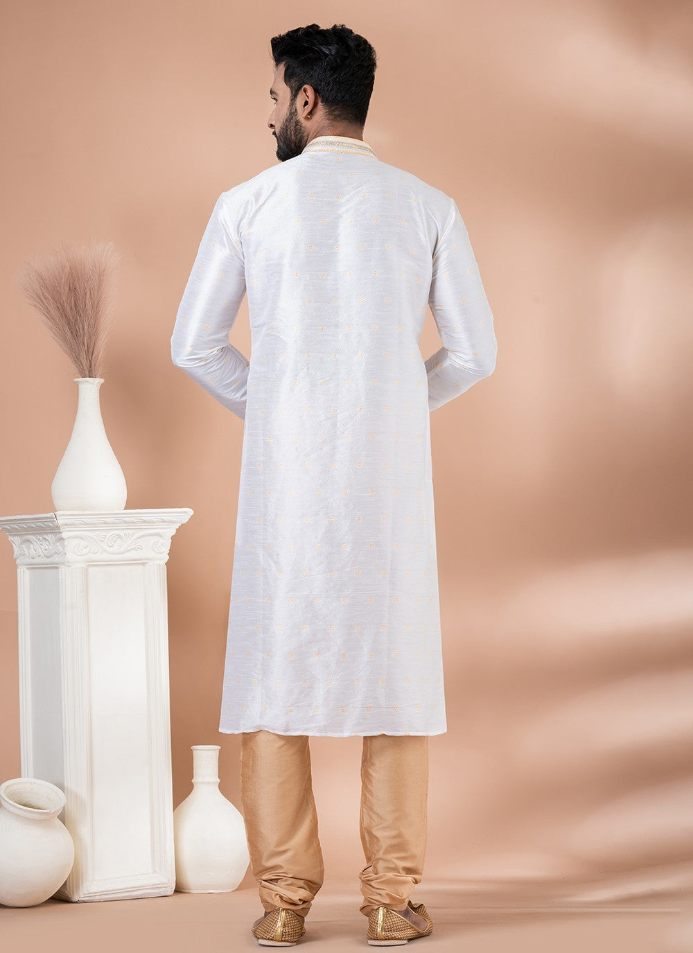 Plain Jacquard White Kurta Pyjama - M6968