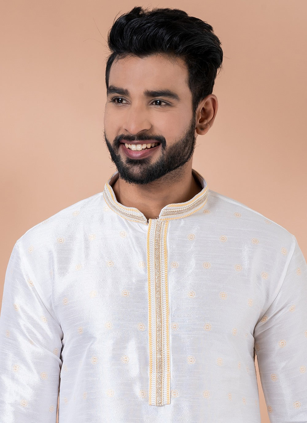 Plain Jacquard White Kurta Pyjama - M6968