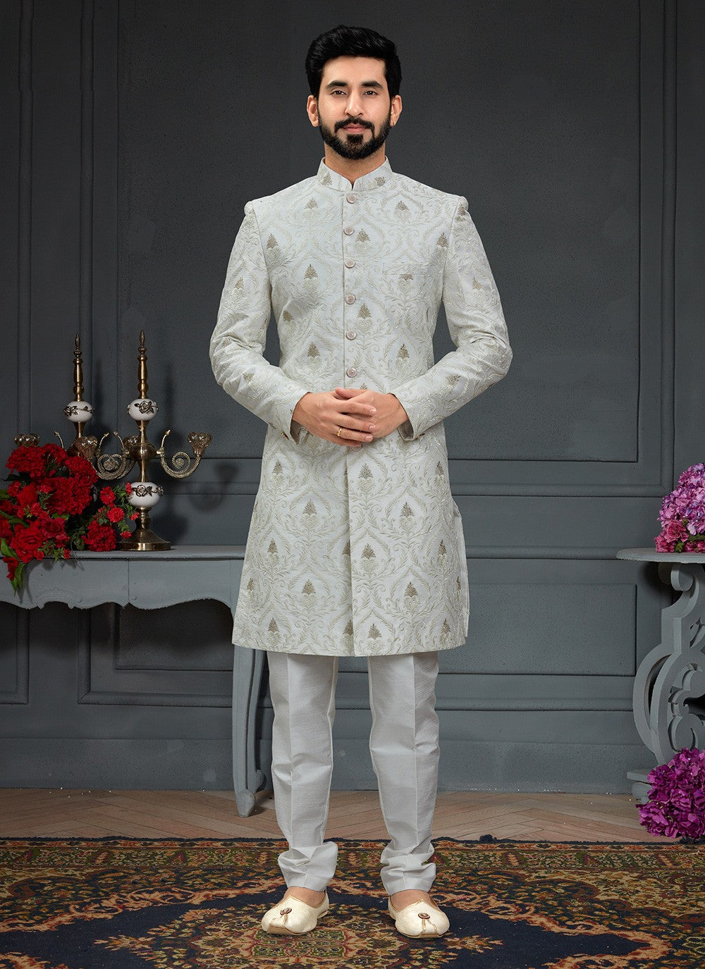 Embroidered Imported, Silk White Indo Western - M3437