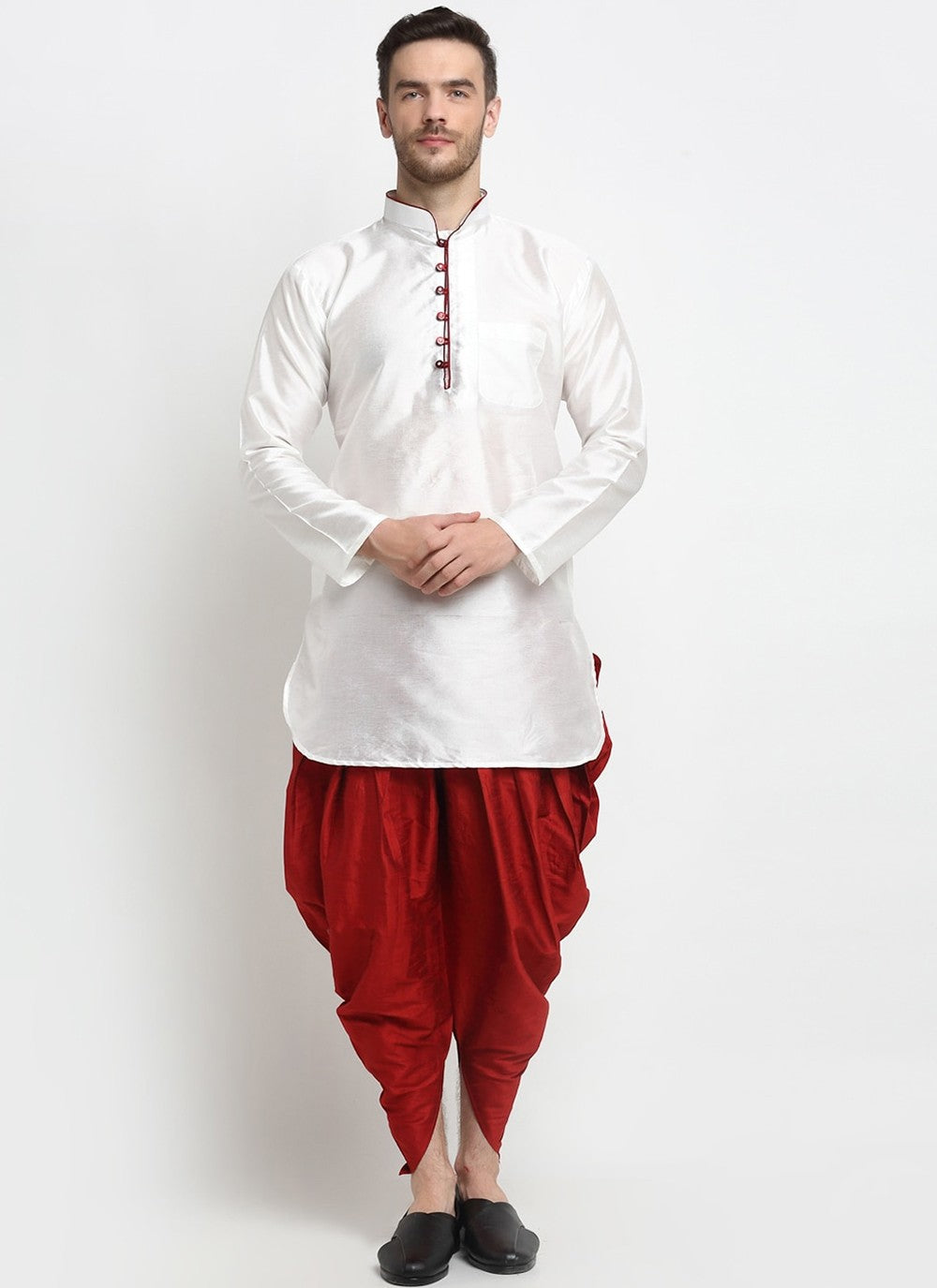 Plain Art Dupion Silk White Dhoti Kurta - M2481